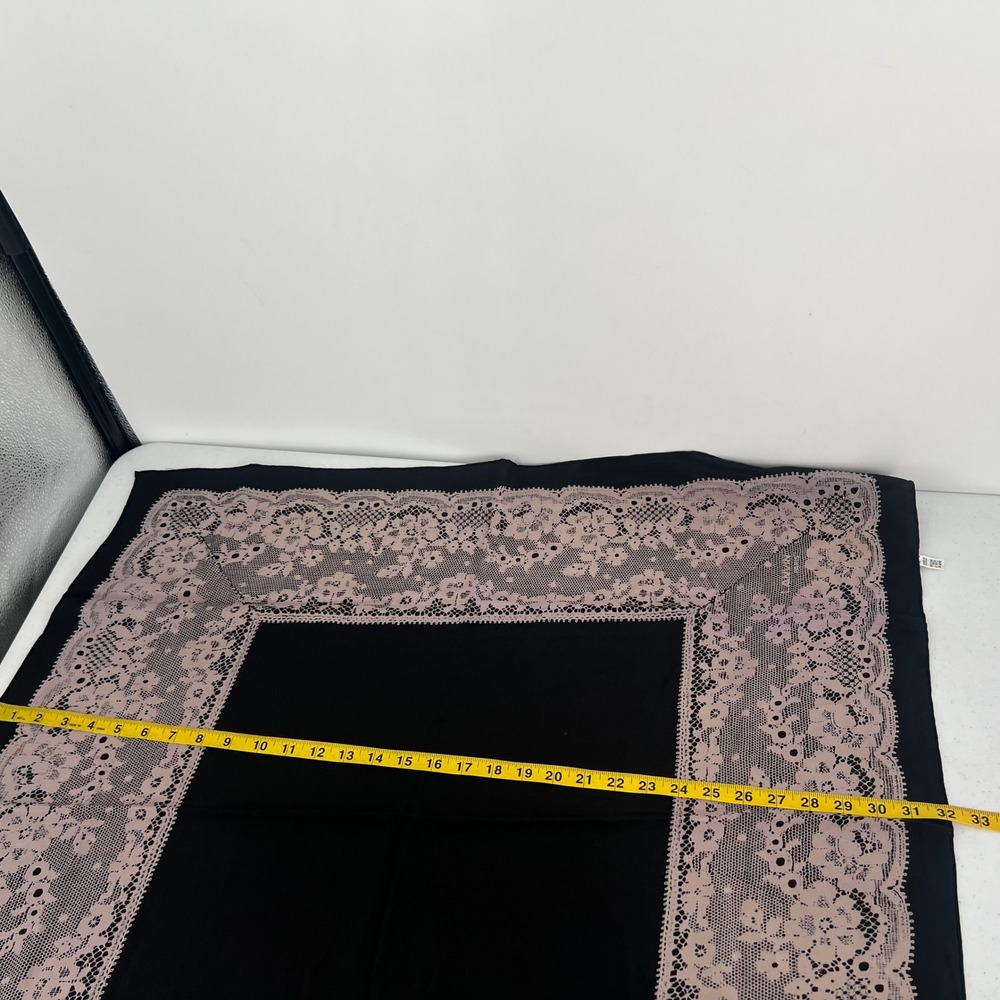 Lanvin Paris Silk Square Scarf Black Pink Floral Lace Print Hand Rolled - Picture 7 of 12